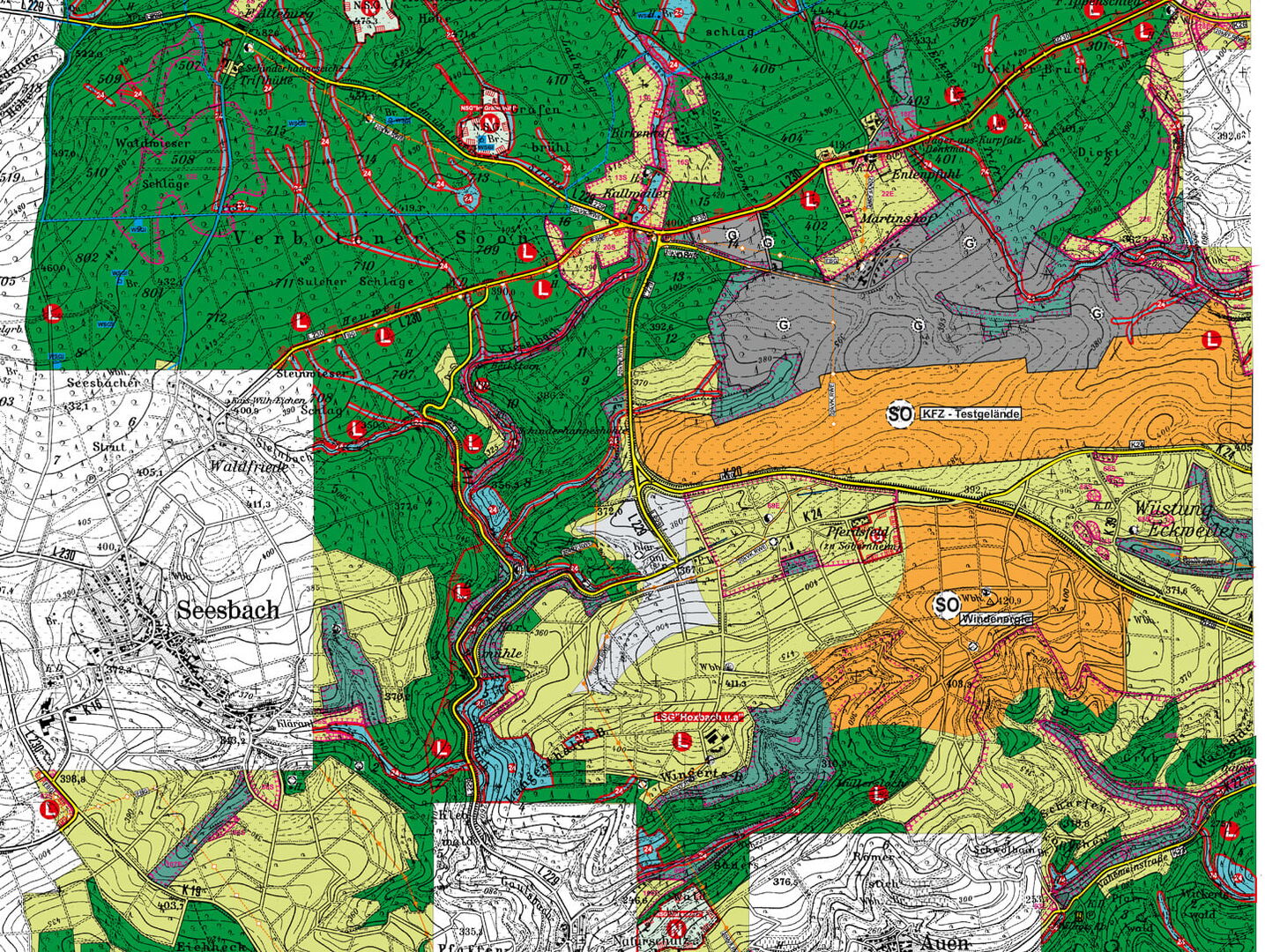 Landkarte mit eingezeichneten Bereichen